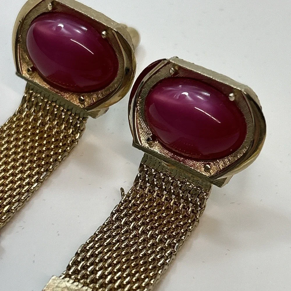 Swank Pink Moonglow & Gold Tone Cuff Links Signed Vintage Oval Gem Clasp Stamped